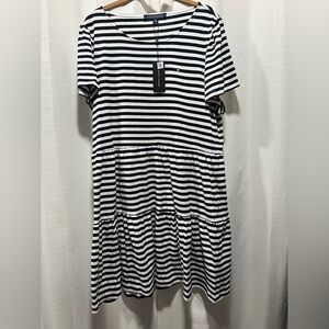 Tommy Hilfiger Dark Blue and White Striped Tiered Dress Size
